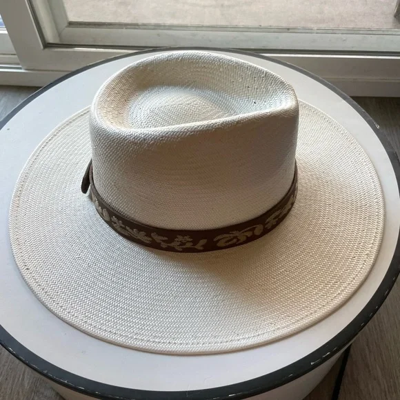 wyeth remy ivory white embroidered band western panama fedora straw sun hat NEW - Picture 3 of 8